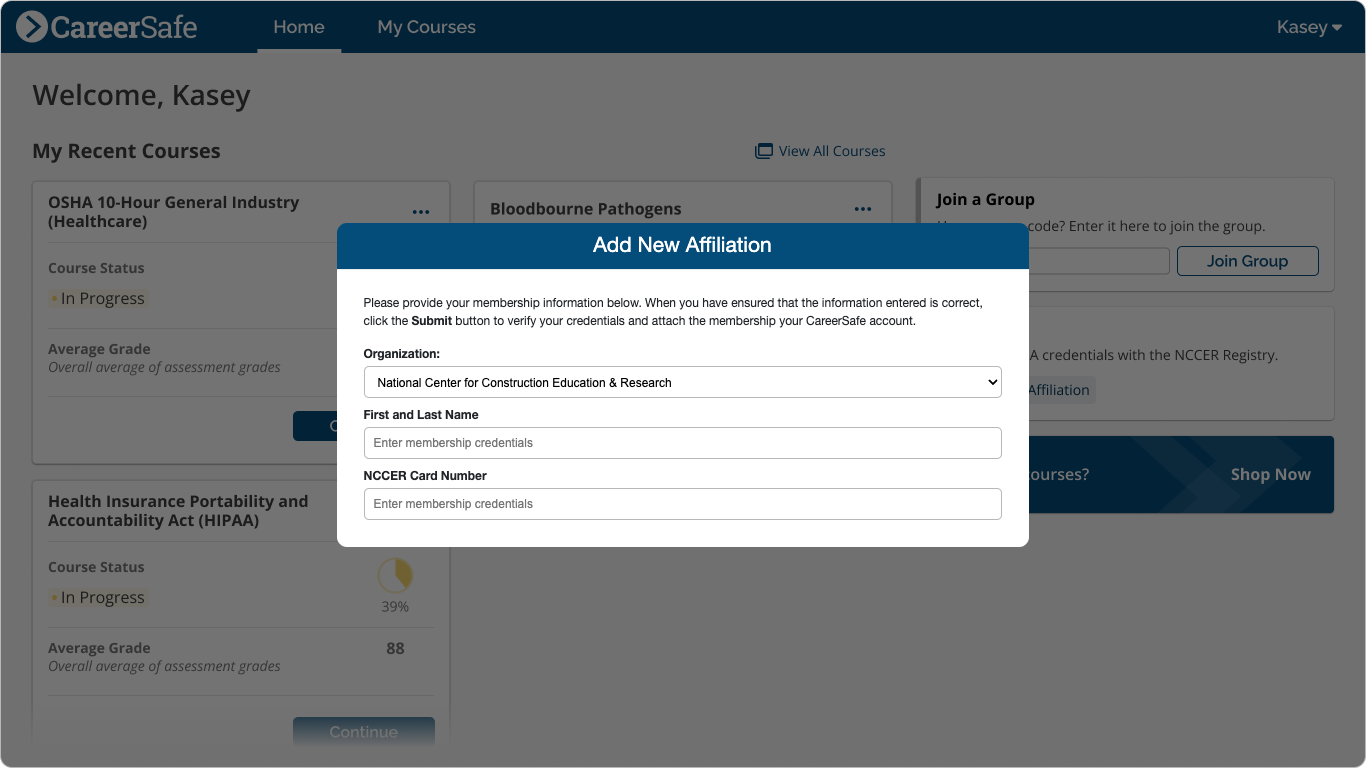 screenshot: Student Home page NCCER Affiliation