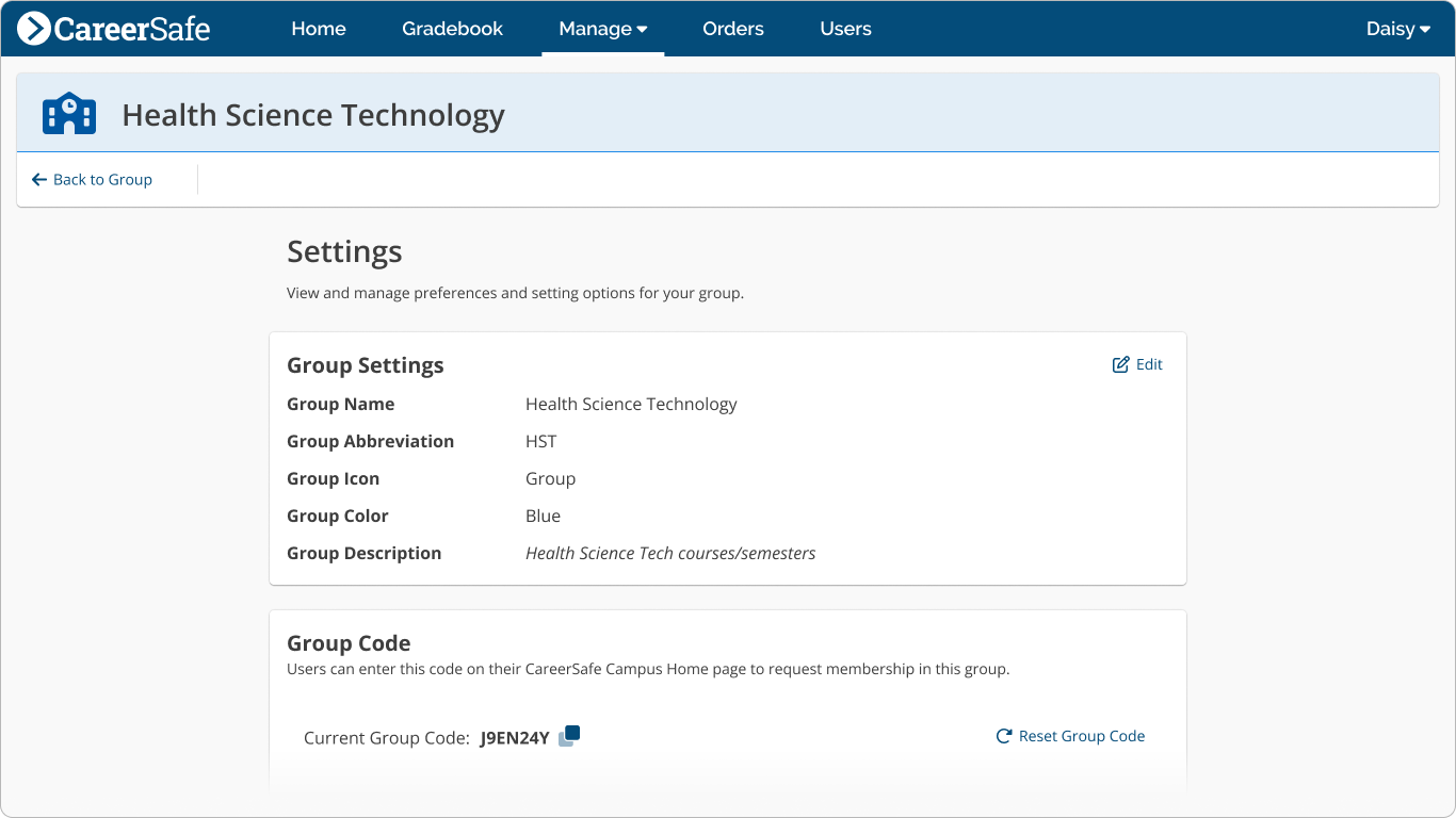 screenshot: Group Settings page