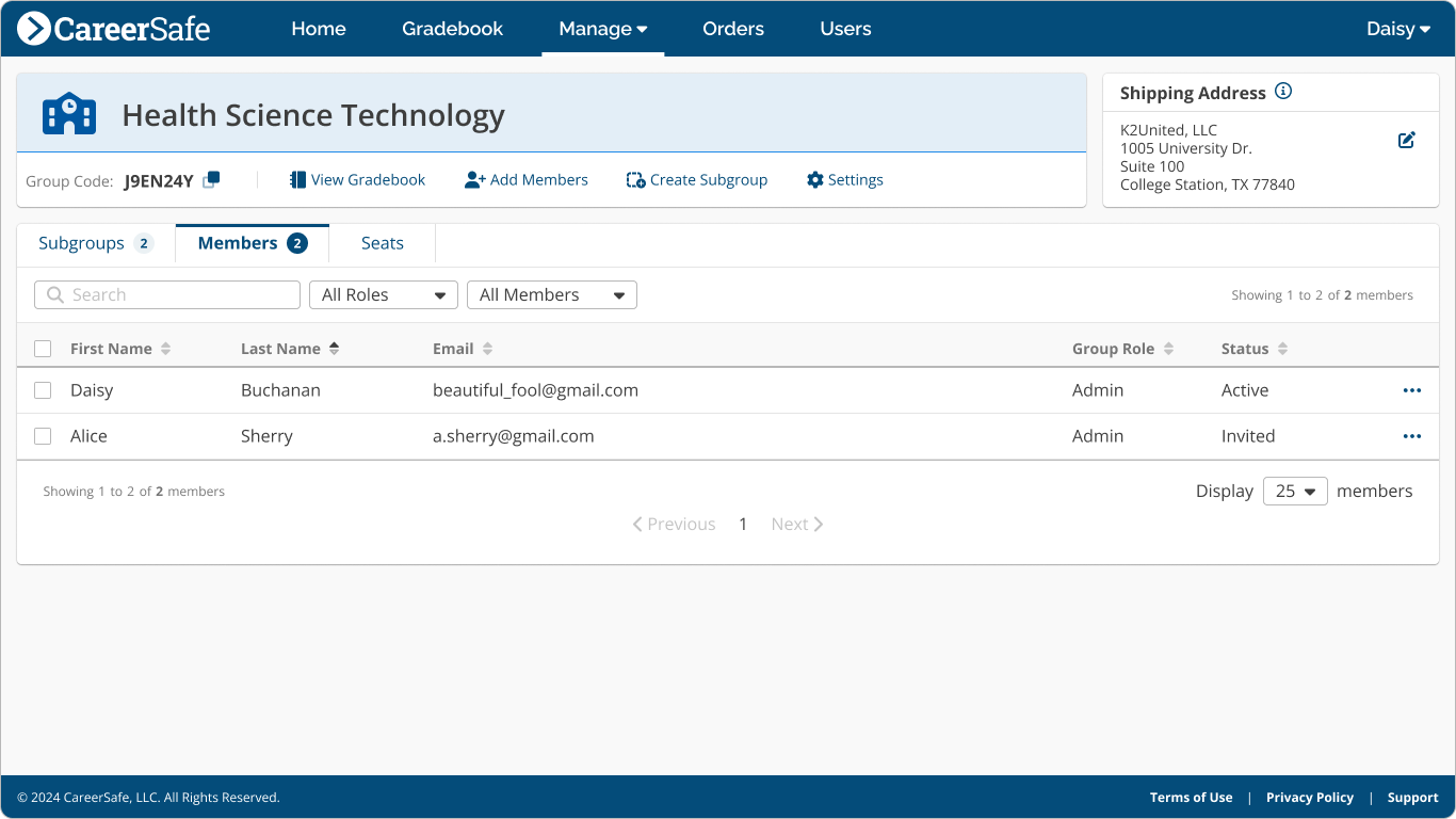 screenshot: Manage Group page