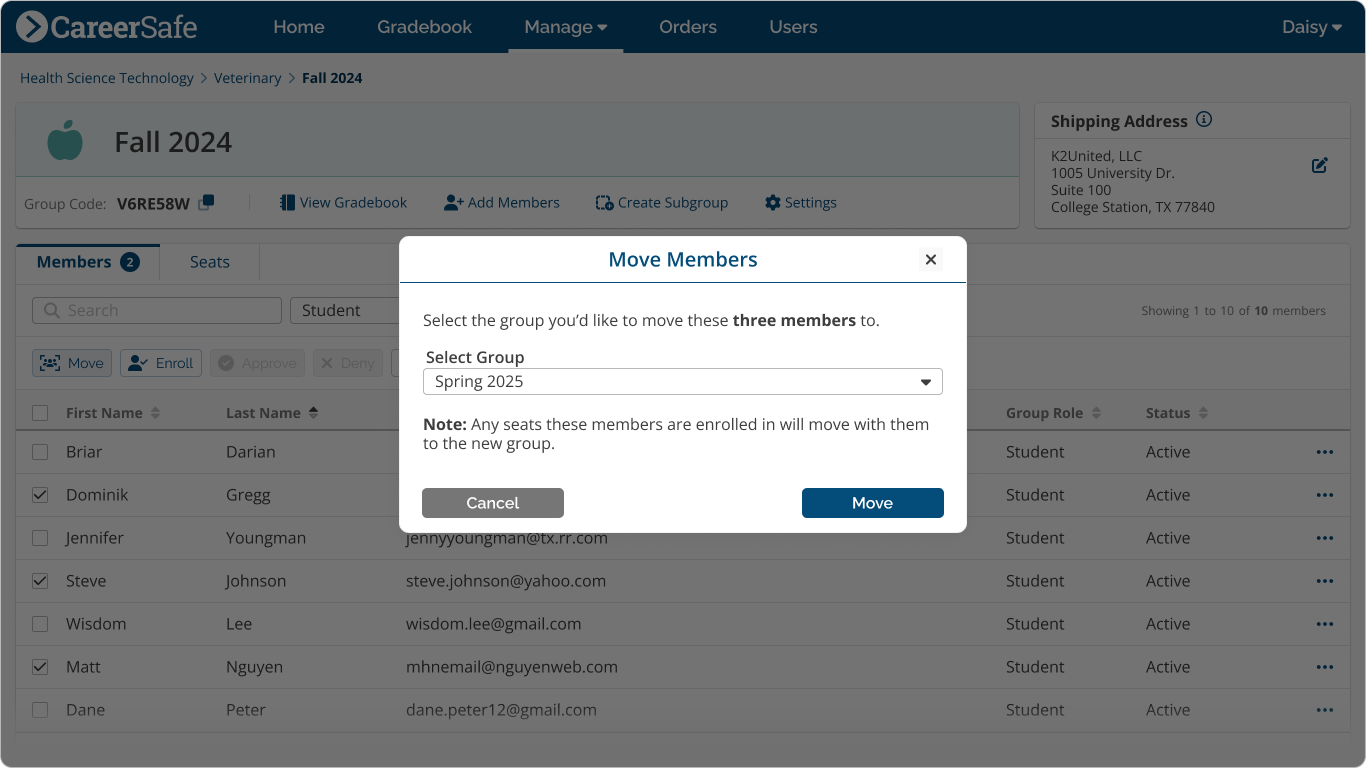 screenshot: Move Members bulk action modal