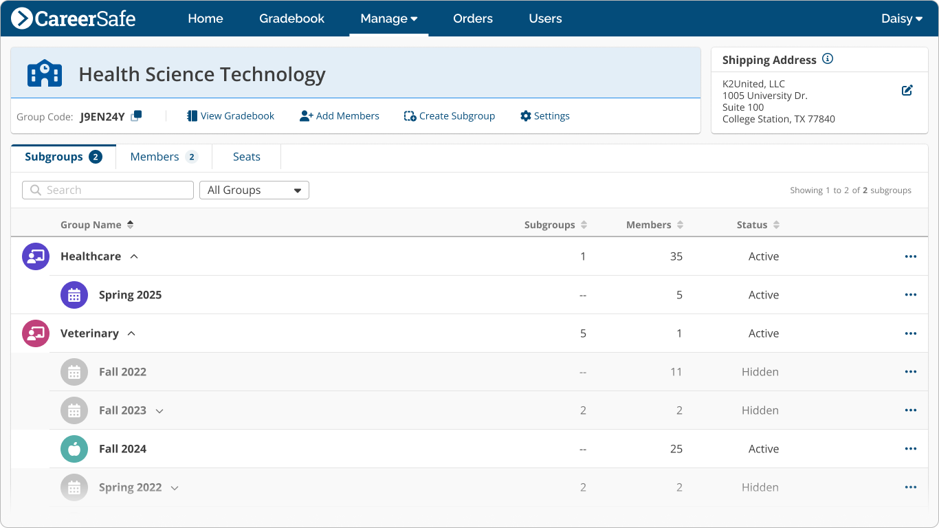 screenshot: Subgroups Tab