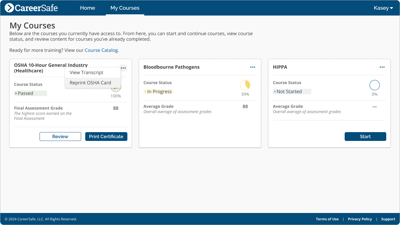 screenshot: Reprint Student Courses page