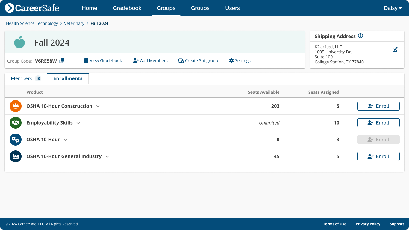 screenshot: Manage Group Seats Tab